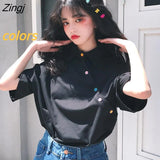 Colors T-shirts Women Candy-color Button Korean Style Chic Trendy College Students Ulzzang Teens Girls Summer Leisure