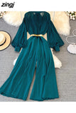 do vintage macacões outono lanterna manga longa gola de cintura alta perna larga drapeado macacão feminino elegante playsuits