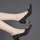 Light-Mouthed Single-Shoe Women 2025 Spring And Autumn New Trend Water Drill Square Buckle And Coarse Heel With Skirts 42