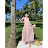 Zingj French Salt Sweet Tie Belt Hanging Neck Sleeveless Loose Long A Word Pink Tie-Dye Vest Temperament