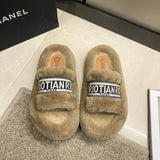A Thick-Sleled Fur Slippers Female Letter One-Word Drag Fashion Cotton Slippers Women's Shoes Spring And Autumn High