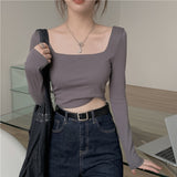 Zingj Autumn Hot Girl Square Collar Short Jacket Female Autumn Dress 2024 New Slim Inside The Bottom Shirt Long-Sleeved T-Shirt