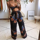 Spot 2025 Summer Women's Print Wipe Breast Top Loose Wide-Leg Pants Two-Piece