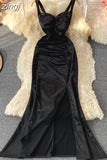 Leopard Spaghetti Strap Long Dress Summer Women Sleeveless Strapless High Waist Split Bodycon Vestidos Female Draped