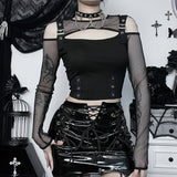 Punk Style Hollowed-Out Long-Sleeved Women's Blouse With A New Sexy Waist Mesh Mesh In The Fall Of
