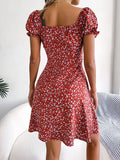 Women Flroal Print A-Line Short Dress Summer Shrinkage Design Bandage Boho Mini Dress Ladies Square Collar Vestido