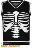 Skulls Blue Knitted Sweaters for Women Fashion Winter Tops Oversized Jumper V Neck Long Sleeve Pullovers Halloween