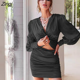 Sexy Hollow Out Women's Mini Dress Lantern Sleeve Satin Party Club Dresses Deep V-neck Bodycon Ruched Dress