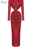 Shiny Sequins Hollow Backless Long Dress Elegant O-Neck Long Sleeve Flower Buckle Design Slim Dress Party Cocktail