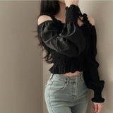 Summer Korean Chic French Style Collar Small Design Feel Folded Bubble Sleeve Short Shirt