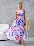 Women's New Printed Dress Fashion Sexy Slanted Shoulder Folded Empty Dress