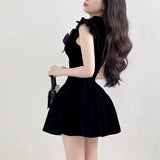 Ruffle Sleeve High Neck Velvet Black Mini Dress-Outfit