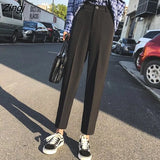 Pants Women Spring Ankle-length Button-fly Straight Black Office Ladies Elegant Fashion Drape All-match Female Chic