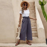 New Women's Summer Loose Waist Solid Cotton Belt Broad Leg Pants Loose Nine-Point Trousers