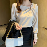Women's Blouses Embroidered Flares Long Sleeve Shirt Women Solid Skew Collar Elegant Ladies Tops Basic OL Woman