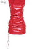 Fashion Faux PU Leather Bodycon Mini Dress Women Sleeveless Turtleneck Body-Shaping Drawstring Robe Female Hip