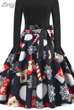 Dress Women Autumn Winter Long Sleeve High Waist Printed Vintage Party Sundress Elegant Xmas