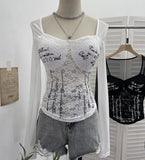 Shot With Chest Pad Hottie Letter-Print Lace Splicing Mesh T-Shirt T-Shirt