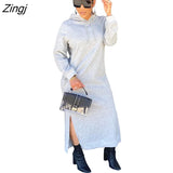 Women Long Sleeve Hooded Dress Solid Color Side Split Skinny Long Sweatshirts Winter Autumn Thermal Casual