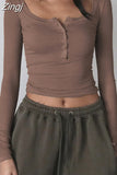Retro Women Autumn Solid Knitted O-neck Tees Crop Tops y2k Fairycore Button Up Full Sleeve T-shirts Aesthetic