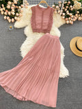 Lace Chiffon Two Piece Set Women Vintage Beach Party Sleeveless Short Tops Pleated Long Skirt Female 2pcs