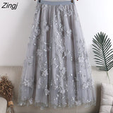Flower Embroidery Tulle Midi Skirt Women Summer Elegant Elastic High Waist A-line Tutu Skirt Female Casual Pleated