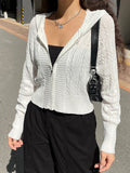 Casual Basic White Cardigans Knit Sweaters Tops Korean Fashion Zip Up Hooded Sweater Jacket Solid Short Autumn
