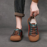 Layer Cowhide 2025 Autumn New Lace Sports Leisure Round Head Flat Bottom Single-Shoe Soft-Soled Waterproof