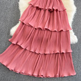 Beach Long Dress Women Elegant V-Neck Short Sleeve Cascading Ruffles Big Swing Vestidos Female Red/Green/Pink Maxi
