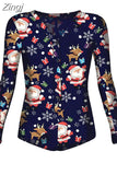 Women Christmas Print Bodycon Rompers Jumpsuits Sexy Buttons Deep V Neck Long Sleeve Shorts Pajama Bodysuit