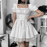 Shoulder Lace Spliced Dress Dark Style Waist Shows A Thin And Fluffy Short Skirt