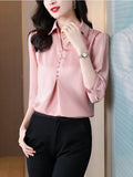 Women Shirts V-Neck Button Three-quarter Sleeve Blouses for Women 2023 Fashion Womens Tops Solid Basic OL Blue Ladies