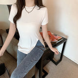 Zingj Summer Wear New Net Red Ins Super Fire Slim Versatile Side Slit Black Short-Sleeved T-Shirt Women's Chic Top