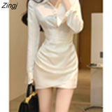 Winter Elegant Shirt Dress Women Casual Long Sleeve Y2k Mini Dress Even Party Female Pure Color One Piece Dress Korean