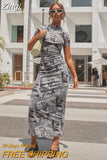 Short Sleeve Vintage Bodycon Long Dress Y2K Newspaper Lips Print Ruched Slim Fit Long Dress Trendy Club
