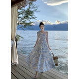 Zingj New Style Hangs Neck Show Shoulder French Dress Seaside Vacation Oil Painting Dress Female Popular This Year