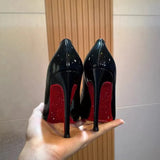 2025 New Red Bottom Water Drill Sister Fine Heel Black Single Shoe Tip Patent Skin Masculinity Women's