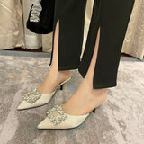 Summer New Korean Version Of The Diamond Side Buckle Tip Bun Head Half Drag Thin And Cool Slippers Women's