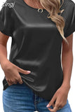 Lady Short Sleeve Satin Blouse Loose Casual Round Neck Solid Shirts Fashion 2023 Summer Elegant Tops Women Clothing