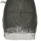 Diamond Loose Blazer Low Waist Mini Skirt Set Women Bright Mesh Hollow Out Wrap Skirt Long Sleeve Shoulder Pads