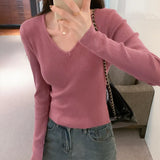V-Collar Solid Color Long-Sleeved Woolen Blouse A New Style Slim And Slim Sweater In Autumn And