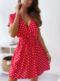 Sleeve Polka Dot Summer Dress Women V Neck Sexy Split A-Line Mini Party Dress Vestidos Casual Bohemian Beach Short