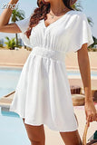 Mini Dress Women White Beach Dress Female Sexy V Neck Pleaseted Dress Ladies Solid Loose Sunscreen Summer Short