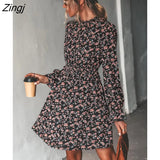 PETAL Round Neck A-Line Mini Dress For Woman Ditsy Floral Sexy Long Sleeve Party Dress 2023 Spring Autumn Female