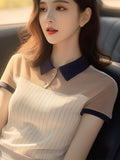 Chic And Beautiful Striped POLO Collar Short-Sleeved Shirt Women's Summer Unique Design Sense Of The
