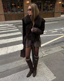Brown Faux Fur Collar Suede Short Jacket- Outfit
