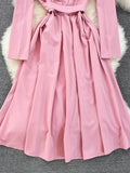 Vintage Women Square Collar Midi Dress Elegant Green/Pink/Red High Waist Slim Draped Big Swing Vestidos Female Robe
