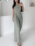 New Women Jumpsuits Sexy Backless Rompers Female Solid Wide Leg Office Lady