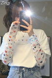 Women Long Sleeve T-shirts Spring Patch Designs Printed Sweat Fresh Korean Fashion Leisure Preppy Style Loose Teens BF Ins