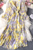Autumn Women Floral Long Dress Vintage V-Neck Flare Sleeve Backless High Waist A-Line Big Swing Maxi Vestidos New